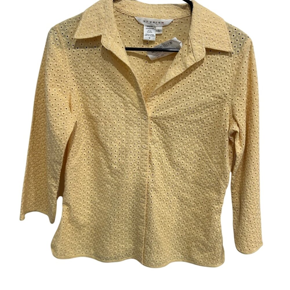 Studio M Yellow Eyelet 3/4 Sleeves Button-Up Blouse Size L Breezy Lightweight
